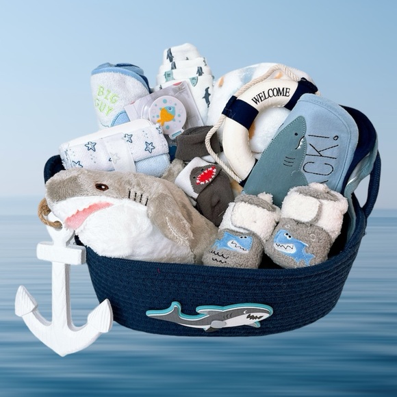 Shark Newborn Gift Basket, Nautical Baby Shower Gift - Picture 1 of 10